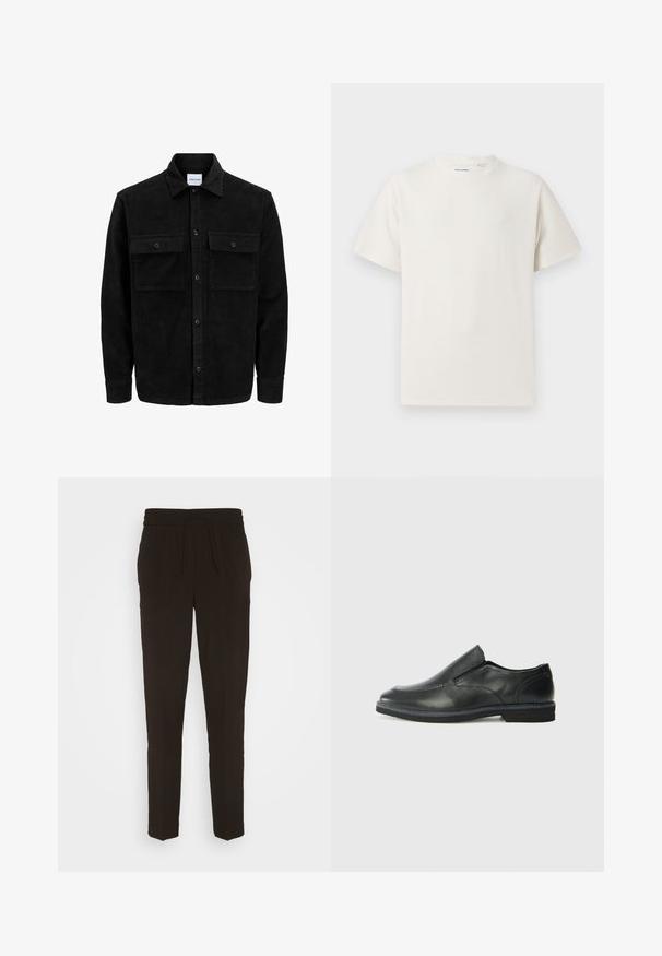Black corduroy button-up jacket with two front flap pockets and a classic collar, long sleeves, and ribbed texture.; White short-sleeve T-shirt in a ribbed texture. Round neckline, relaxed fit, no visible patterns or accents. Simple and versatile design.; Black, long, tapered pants made from a soft, smooth material. Features an elastic waistband with a drawstring for adjustable fit.; Black leather slip-on shoe with a smooth upper, stitched accents, rounded toe, and a low rubber heel. Sole features minimal tread.