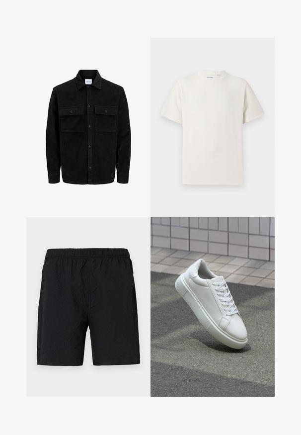 Mustat corduroy-nappi takki, jossa on kaksi etupistotaskua ja klassinen kaulus, pitkät hihat ja ribattu pinta.; Valkoinen lyhythihainen T-paita ribbikuviossa. Pyöreä kaula-aukko, rento istuvuus, ei näkyviä kuvioita tai yksityiskohtia. Yksinkertainen ja monikäyttöinen muotoilu.; Mustat uimaportsarit, jotka on valmistettu teksturoidusta kankaasta. Niissä on joustava vyötärö ja sivutaskut sekä rento istuvuus.; Valkoinen nahkainen lenkkari, jossa on sileä pinta, pyöreä kärki ja tasaiset valkoiset nauhat. Varustettu teksturoidulla kumi-pohjalla ja vähäisillä muotoiluelementeillä.