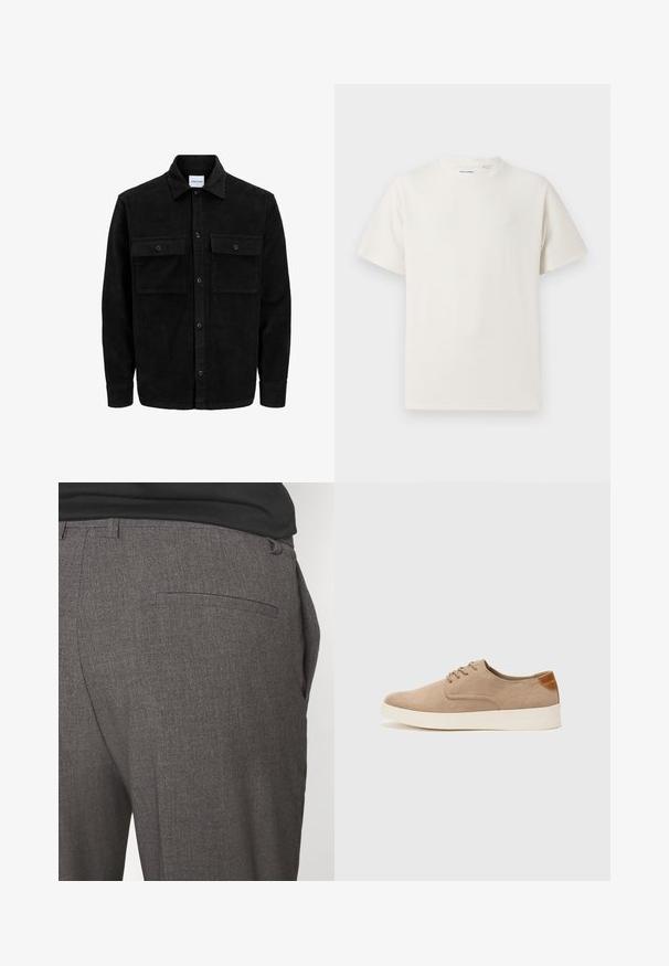 Svart kordfløyels knappjakke med to frontlommer med klaff og klassisk krage, lange ermer og ribbet tekstur.; Hvit T-skjorte med kort erm i ribbestrikket tekstur. Rund hals, avslappet passform, ingen synlige mønstre eller detaljer. Enkelt og allsidig design.; Grå skreddersydde bukser med en jevn tekstur, med en enkelt baklomme og slank passform. Stoffet har et subtilt mønster.; Beige semskinnsko med rund tå, snøring foran og en teksturert bakre aksent. Hvit gummisåle gir kontrast. Enkelt og moderne design.
