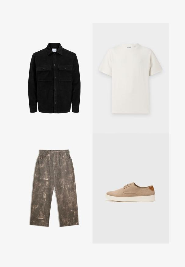Črna kordurojska jakna z gumbi, z dvema sprednjima žepoma z zavihkom in klasičnim ovratnikom, dolgimi rokavi ter rebrasto teksturo.; Bela majica s kratkimi rokavi iz rebraste tkanine. Okrogli izrez, sproščen kroj, brez vidnih vzorcev ali naglasov. Preprosta in vsestranska zasnova.; Rjavi denim hlače s zbledelim, izrabljenim vzorcem. Ohlapen kroj, ki vključuje pet žepov in sprednje zapiranje na gumb.; Bež tkanine usnjene superge z zaobljenim nosom, vezalkami na sprednji strani in teksturiranim zadnjim detajlom. Belo gumijasto podplato zagotavlja kontrast. Enostaven in sodoben dizajn.