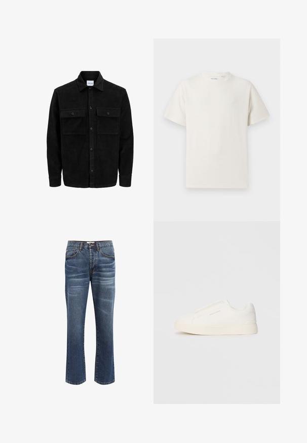 Mustmustöös nupuga jope, millel on kaks eesmist klapiga taskut ja klassikaline kaelus, pikad varrukad ning ribakujuline tekstuur.; Valge lühikeste varrukatega T-särk ribakudumises. Ümar kaelus, mugav lõige, nähtavad mustrid ega aksessuaarid puuduvad. Lihtne ja mitmekesine disain.; Tumed sinised denim teksad kerge vihjega. Omavad viit taskut, nööbiklappi ja tikitud detailid äärtes.; Valged libisemiskindlad tossud tekstuuriga pinnaga, paksu tallaga ja minimalistikus disainis. Küljel on brändi logo.