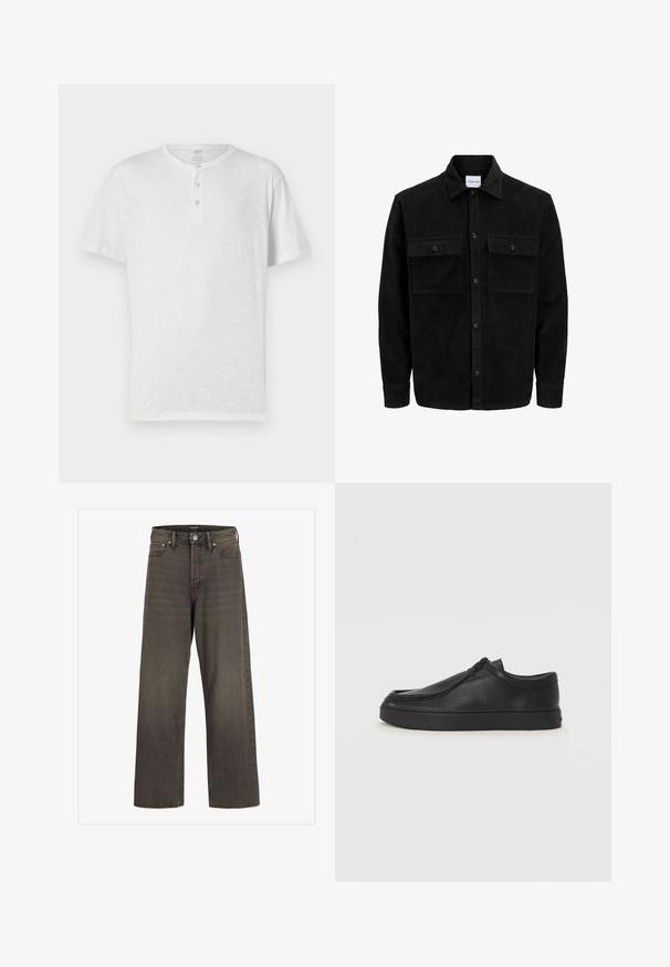 Čierna kordúrová bunda s gombíkmi, dvoma prednými vreckami so záklopkou a klasickým golierom, dlhými rukávmi a ryhovanou textúrou.; Biela tričko s krátkym rukávom henley s trojica gombíkov, vyrobené z ľahkej, mierne textúrovanej tkaniny. Okrúhly výstrih, voľný strih.; Džínsy s širokými nohavicami v tmavošedej džínsovine, s vysokým pásom, klasickým dizajnom s piatimi vreckami a kontrastným šitím pozdĺž švov.; Čierna kožená slip-on obuv s okrúhlou špičkou, prešívaním a čiernou gumovou podrážkou. Hladký povrch s minimalistickým dizajnom.