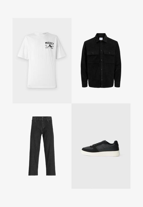 Mustmustöös nupuga jope, millel on kaks eesmist klapiga taskut ja klassikaline kaelus, pikad varrukad ning ribakujuline tekstuur.; Valge puuvillane T-särk musta graafikaga, kus on kirjas "MICKEY" ja karikatuurtegelane, ümar kaelus ja lühikesed varrukad.; Mustad siidist teksad, sirge jalgadega disainiga, tõmbluku ja vöödega, kuue taskuga, valmistatud tugevast puuvilla ja sünteetilise kiu segust.; Mustmustel musta madal sneaker tekstuuriga nahast ja sametist paneelidega, valge kummitald ja mustad suledega, lihtsal heledal taustal.