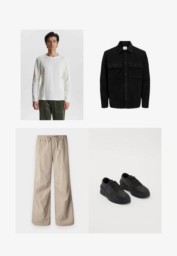 Čierna kordúrová bunda s gombíkmi, dvoma prednými vreckami so záklopkou a klasickým golierom, dlhými rukávmi a ryhovanou textúrou.; Biely dlhý rukáv ribbed top s okrúhlym výstrihom, s textúrovaným vzorom a priliehavými rukávmi, skombinovaný s olivovozelenými nohavicami.; Béžové široké nohavice s elastickým pásom a šnúrkou. Hladký povrch, dve bočné vrecká a minimálne švy pre uvoľnený strih.; Čierne tenisky z hladkej kože s polstrovanou podrážkou. Medzi vlastnosti patrí ploché šnúrky, perforácie na špičke a elegantný silueta.