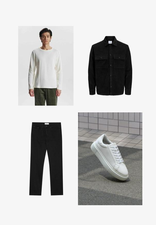 Crni kožni kord jakna na dugmad s dva prednja džepa s preklopom i klasičnim ovratnikom, dugim rukavima i rebrastom teksturom.; Bijela dugosleeve rebrasta majica s okruglim izrezom, koja sadrži teksturirani uzorak i prilagođene rukave, u kombinaciji s maslinastozelenim hlačama.; Crne ravne traperice s pet džepova, zatvaranje na gumbe i patentni zatvarač, te oznakom marke Pier One na pojasu.; Bijela kožna tenisica s glatkom površinom, okruglim vrhom i ravnim bijelim vezicama. Ima teksturiran gumeni potplat i minimalne dizajnerske elemente.