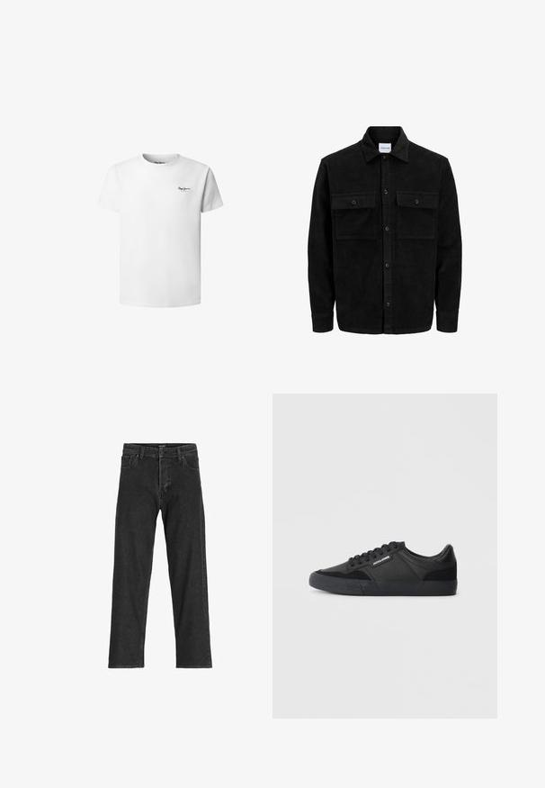 Chaqueta de pana negra con botones, dos bolsillos delanteros con solapa y un cuello clásico, mangas largas y textura acanalada.; Camiseta blanca de algodón con cuello redondo, mangas cortas y un pequeño logo negro en el lado izquierdo del pecho. Textura suave, corte estándar.; Jeans de mezclilla negra con un diseño de pierna recta, que cuentan con una bragueta con cremallera, pasadores para cinturón y seis bolsillos, fabricados en una resistente mezcla de algodón.; Zapatillas negras con una combinación de materiales de cuero y ante, con cordones redondos, suela de goma texturizada y un logo de la marca en el lateral.