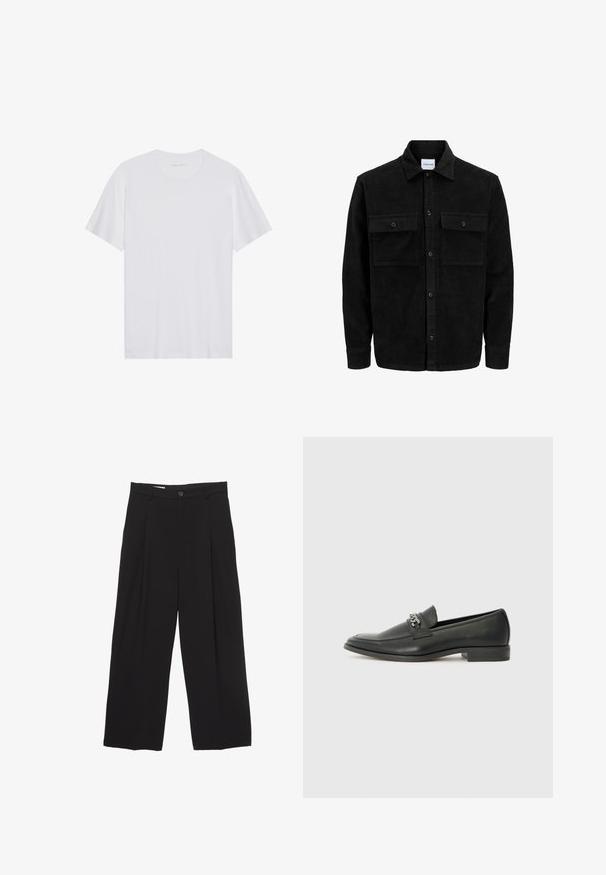 Černá kordurová košile s knoflíky, dvěma předními klopovými kapsami a klasickým límcem, dlouhými rukávy a vroubkovanou texturou.; Bílá bavlněná tričko s krátkým rukávem, kulatým výstřihem a hladkou texturou. Na výstřihu se nachází minimální značení.; Černé kalhoty širokého střihu vyrobené z hladké látky, s plochým pasem, předními záhyby a jedním knoflíkem na zapínání.; Černé kožené mokasíny s hladkým povrchem, s prošívaným designem a dekoračním kovovým řetízkem přes nárt. Plochý podpatek.