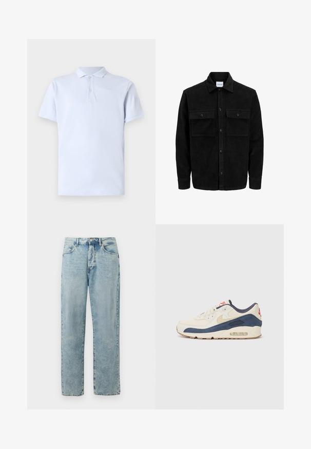 Čierna kordúrová bunda s gombíkmi, dvoma prednými vreckami so záklopkou a klasickým golierom, dlhými rukávmi a ryhovanou textúrou.; Svetlomodré polo tričko vyrobené z bavlny, s klasickým golierom, krátkymi rukávmi, dvojdielnym gombíkovým zapínaním a hladkou textúrou.; Svetlo modré džínsy s rovnými nohavicami, s uzáverom na gombík a zips, predné vrecká a jemne vybledlé detaily.; Tenisky s krémovým koženým a námorníckym semišovým zvrškom, ktoré majú viditeľnú vzduchovú podrážku, béžovú gumovú podrážku a červený akcent na päte.