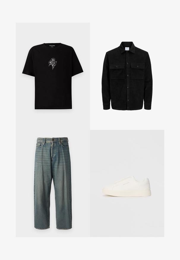 Sort fløjl button-up jakke med to frontlommer og klassisk krave, lange ærmer og ribbet tekstur.; Sort bomulds t-shirt med rund hals og korte ærmer. Har hvid blomsterbroderi på brystet. Blød tekstur, afslappet pasform.; Lyseblå denim jeans med løs pasform, mellemhøj talje og lige ben. Har fem lommer, bæltestropper og en knappelukning.; Hvide slip-on sneakers med en struktureret overflade, en tyk sål og et minimalistisk design. Har brandlogoet på siden.