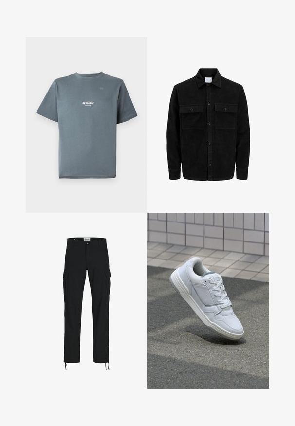 Sort fløjl button-up jakke med to frontlommer og klassisk krave, lange ærmer og ribbet tekstur.; Grå bomulds T-shirt med rund halsudskæring, korte ærmer og et lille hvidt "JJ Studios" logo på brystet. Glat tekstur og afslappet pasform.; Sorte cargo bukser med lige snit, der har sidelommer, knaplukning og elastiske snore ved anklerne. Fremstillet af slidstærkt stof.; Hvide lædersneakers med perforerede sider, teksturerede detaljer, flade snørebånd og en kontrasterende grå hæl. Har en let forhøjet sål.