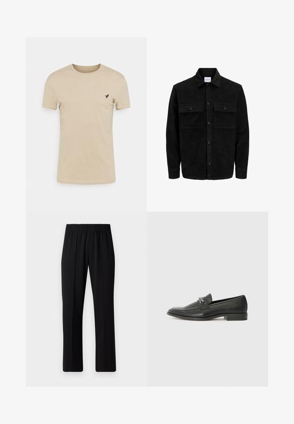 Black corduroy button-up jacket with two front flap pockets and a classic collar, long sleeves, and ribbed texture.; Beige short-sleeve T-shirt made of soft fabric, featuring a round neckline and a small black bird logo on the left chest area.; Black, elastic-waist trousers with a straight-leg design, featuring a smooth texture and no visible patterns or hardware.; Black leather loafer with a smooth finish, featuring a stitched design and a decorative metal chain accent across the vamp. Flat heel.