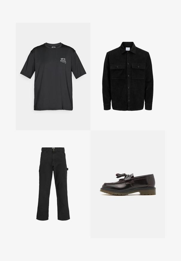 Juodas velveto mygtukų švarkas su dviem priekiniais kišenėmis su atvartais, klasikiniu apykakle, ilgomis rankovėmis ir raukšlėtu paviršiumi.; Juoda sportinė maikutė trumpomis rankovėmis su mažomis perforacijomis šonuose ir tekstu „KARMA“ bei akies grafika kairiajame krūtinės šone.; Juodos krovinių kelnės iš medvilnės mišinio audinio. Ypatybės: plačios kojos, šoninės kišenės ir šoninė kišenė su kilpa aksesuarams.; Rudi odiniai loafers su pynimo ornamentu, turintys pompom detalę ir plokščią guminę padą. Išskirtinis sklandus paviršius su kontrastingais siūlais.