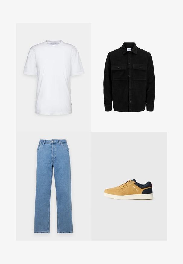 Juodas velveto mygtukų švarkas su dviem priekiniais kišenėmis su atvartais, klasikiniu apykakle, ilgomis rankovėmis ir raukšlėtu paviršiumi.; Balta medvilninė marškinėlių su apvalia iškirpte, trumpomis rankovėmis ir tiesiu kraštu. Ant kairiojo siūlės yra mažas prekės ženklo etiketė.; Šviesiai mėlyni džinsai tiesia kojelė su klasikinio penkių kišenių dizainu, su priekiniu mygtuko užsegimu ir diržo kilpelėmis. Lygus paviršius.; Tan odiniai sportbačiai su tamsiai mėlynomis detalėmis, apvaliu pirštu, perforuotais akcentais ir balta guma. Yra raišteliai priekyje ir logo ant šono.