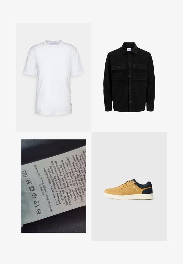 Mustmustöös nupuga jope, millel on kaks eesmist klapiga taskut ja klassikaline kaelus, pikad varrukad ning ribakujuline tekstuur.; Valge puuvillane T-särk ümmarguse kaelusega, lühikeste käistega ja sirge äärisega. Paremal külgõmblusel on väike brändimärgistus.; Sildi silt, millel on mitmekeelsed tekstid, hooldusmärgid ja ringlussevõtuikoonid, trükitud pehme kangalaadsele materjalile heledates toonides.; Pruun nahast tennis, millel on tumesinised detailid, ümmargune nina, perforatsioonid ja valge kummitald. Omab seotud esiotsa ja logo külgmisel osal.