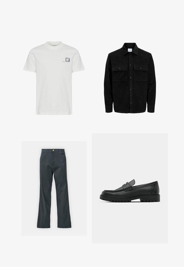 Sort fløjl button-up jakke med to frontlommer og klassisk krave, lange ærmer og ribbet tekstur.; Hvid bomuld T-shirt med rund hals og korte ærmer. Har et marineblåt grafisk logo og tekst på venstre brystområde.; Sorte bukser med lige ben, lavet af en bomuldsblandingsstof. Har en metalknaplukning og sidelommer. Ingen synlige mønstre.; Sorte læder loafers med rund tå, der har et syet design, lav platformssål og en struktureret, skridsikker gummisål.