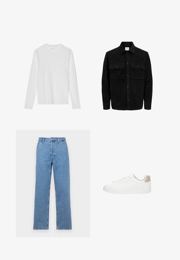 Czarna kurtka z korduru z guzikami, z dwoma przednimi kieszeniami na klapki oraz klasycznym kołnierzem, długimi rękawami i ryżowym splotem.; Biała koszulka z długim rękawem, wykonana z miękkiego materiału, z okrągłym dekoltem i prostym wzornictwem, bez widocznych wzorów czy akcentów.; Jasnoniebieskie dżinsy o prostym kroju z klasycznym pięciopocketowym wykończeniem, z zapięciem na guzik z przodu i szlufkami na pasek. Gładka tekstura.; Białe sneakersy z gładką skórzaną cholewką i okrągłym noskiem. Posiadają beżowy zamszowy element na pięcie, płaskie sznurówki oraz białą gumową podeszwę.