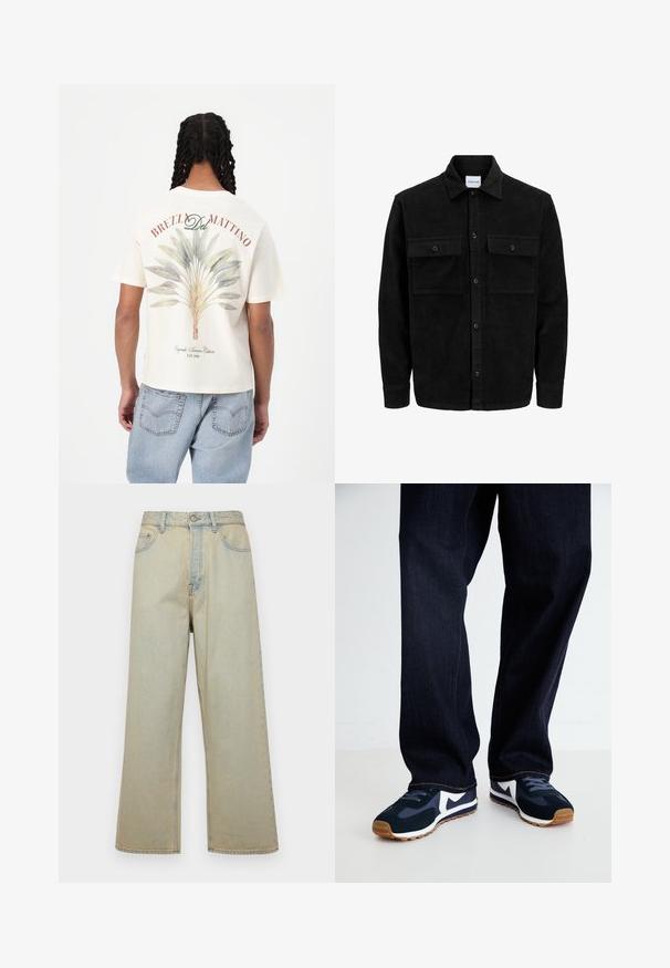 Black corduroy button-up jacket with two front flap pockets and a classic collar, long sleeves, and ribbed texture.; Short-sleeve cream t-shirt featuring a green and blue leaf design on the back, with red text reading "BREZL Del MATTINO" above it.; Light blue wide-leg jeans made of denim with a faded finish. Features five pockets and a front button closure.; Navy and white athletic shoes with a textured upper, laces, and rubber sole, paired with dark denim pants with orange stitching.