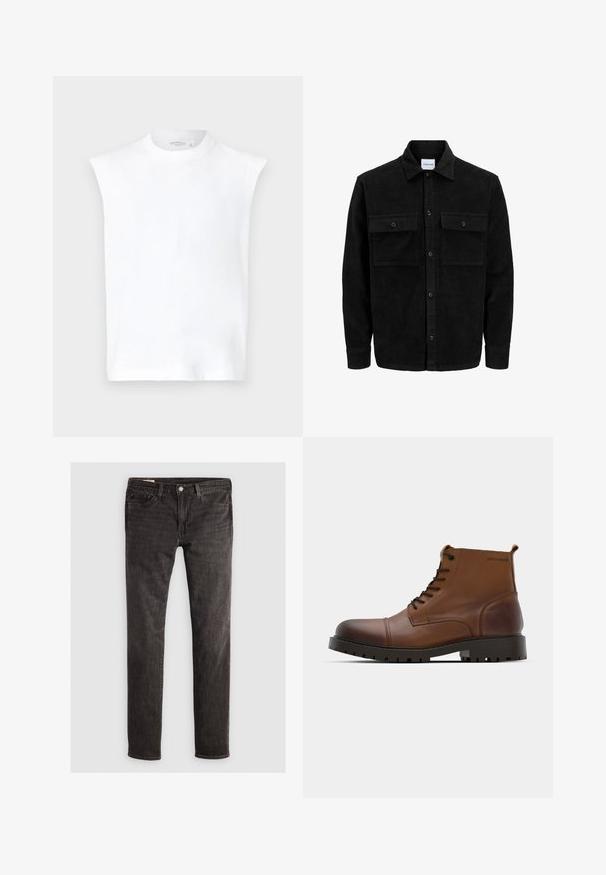 Čierna kordúrová bunda s gombíkmi, dvoma prednými vreckami so záklopkou a klasickým golierom, dlhými rukávmi a ryhovanou textúrou.; Biely bezrukávový top s vysokým výstrihom, hladký bavlnený materiál, predĺžený strih a čistý, minimalistický dizajn.; Čierne denimové džínsy so slim fit strihom, s dizajnom piatich vreciek, mosadzným gombíkom a jemnou textúrou. Žiadne viditeľné vzory alebo ďalšie zdobenia.; Hnedé kožené členkové čižmy s okrúhlou špičkou, čiernymi šnúrkami a textúrovanou gumovou podrážkou. Obsahujú detail loga na boku a hladký povrch.