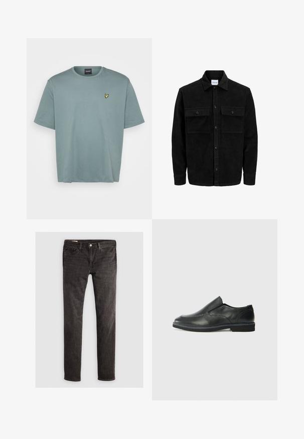 Čierna kordúrová bunda s gombíkmi, dvoma prednými vreckami so záklopkou a klasickým golierom, dlhými rukávmi a ryhovanou textúrou.; Svetlozelené tričko s krátkym rukávom vyrobené z bavlny. Má okrúhly výstrih a malé žlté vyšívané logo na ľavej strane hrudi.; Čierne denimové džínsy so slim fit strihom, s dizajnom piatich vreciek, mosadzným gombíkom a jemnou textúrou. Žiadne viditeľné vzory alebo ďalšie zdobenia.; Čierny kožený nazúvací topánka s hladkým zvrškom, prešitými akcentmi, zaoblenou špičkou a nízkym gumovým podpätkom. Podošva má minimálny dezén.