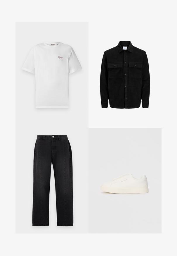 Mustmustöös nupuga jope, millel on kaks eesmist klapiga taskut ja klassikaline kaelus, pikad varrukad ning ribakujuline tekstuur.; Valge lühikeste varrukatega T-särk, mille vasakul rinnal on väike tumepunane tekst "Dystopia Sounds", ümar kaelus, lihtne taust.; Mustast denimist koos sirge säärega. Omab nupuklappi, püksivöö silmuseid ja kahte küljetaskut. Sile tekstuur, mustrid pole nähtavad.; Valged libisemiskindlad tossud tekstuuriga pinnaga, paksu tallaga ja minimalistikus disainis. Küljel on brändi logo.