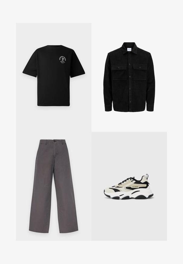 Jachetă din catifea neagră, cu butoni, două buzunare frontale cu clapetă și un guler clasic, mâneci lungi și textură ribbed.; Tricou negru cu mânecă scurtă, având un logo mic alb pe piept care reprezintă o cană de cafea și textul "Cortado Coffee Original 2013."; Pantaloni gri, cu croiala ampla, din bumbac, având închidere cu nasture, baieu pentru curea și buzunare frontale. Textură netedă cu detalii minime de coasere.; Tenisi grosi cu un upper din plasă bej și negru, talpă intermediară albă, talpă exterioară din cauciuc negru și detalii cu logo pe lateral.