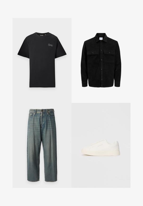 Sort fløjl button-up jakke med to frontlommer og klassisk krave, lange ærmer og ribbet tekstur.; Sorte kortærmede T-shirt med små hvide kursiv-tekst "Dystopia Sounds." på venstre bryst, rund hals, vist på en ensartet lys baggrund.; Lyseblå denim jeans med løs pasform, mellemhøj talje og lige ben. Har fem lommer, bæltestropper og en knappelukning.; Hvide slip-on sneakers med en struktureret overflade, en tyk sål og et minimalistisk design. Har brandlogoet på siden.