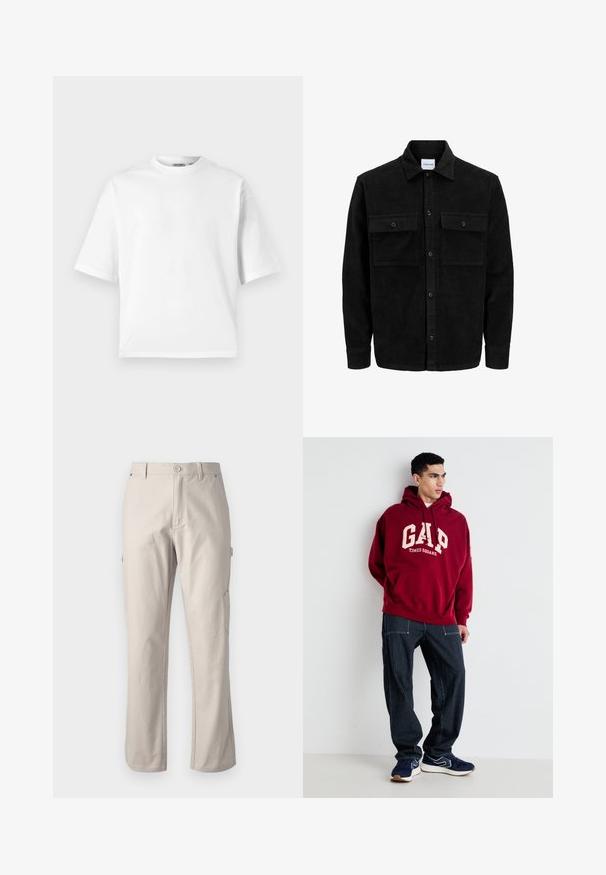 Schwarze Corduroy-Button-Up-Jacke mit zwei frontalem Klappentaschen und klassischem Kragen, langen Ärmeln und gerippter Textur.; Weißes T-Shirt mit kurzen Ärmeln aus Baumwolle. Es verfügt über einen klassischen Rundhalsausschnitt und einen lässigen Schnitt mit einer glatten Textur. Keine Muster oder Akzente.; Beige Cargo-Hosen aus robuster Baumwolle mit geraden Beinen, vorderem Knopfverschluss und Seitentaschen für praktische Nutzung. Glatte Textur mit feinen Nähten.; Bordeauxfarbener Kapuzenpullover mit "GAP" und "TIMES SQUARE" in Creme aufgedruckt, kombiniert mit navyblauen gestreiften Hosen und navyblauen Sneakern mit weißen Akzenten.