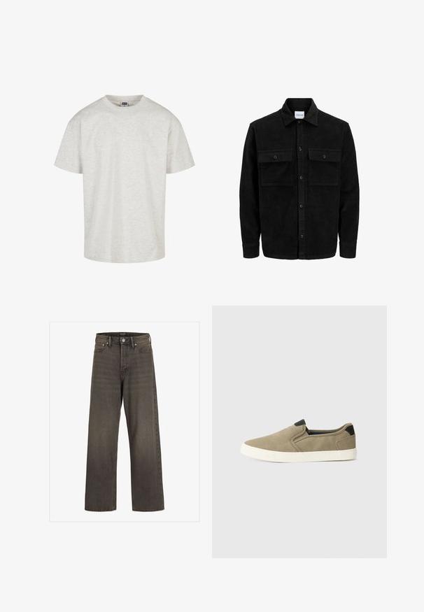 Crni kožni kord jakna na dugmad s dva prednja džepa s preklopom i klasičnim ovratnikom, dugim rukavima i rebrastom teksturom.; Svijetlosivi pamučni majica s kratkim rukavima, okruglim izrezom i opuštenim krojem. Teksturirana tkanina s suptilnim meliranim uzorkom.; Široke traperice u tamnosivom denimu, s visokim strukom, klasičnim dizajnom s pet džepova i kontrastnim šavovima duž šavova.; Taupe slip-on cipele s teksturiranim gornjim dijelom, kontrastnim crnim akcentom na peti i bijelim gumenim potplatom. Perforirani dizajn za prozračnost.