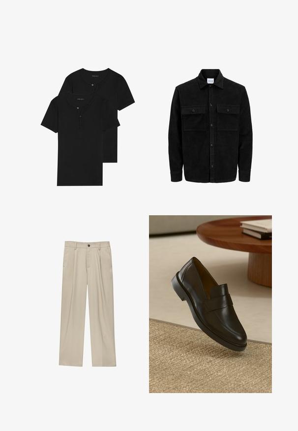 Schwarze Corduroy-Button-Up-Jacke mit zwei frontalem Klappentaschen und klassischem Kragen, langen Ärmeln und gerippter Textur.; Schwarze Baumwoll-T-Shirts, kurze Ärmel, Rundhalsausschnitt mit Knopfleiste, mit glatter Textur und simplem Design. Zwei im Paket.; Beige Hosen mit geradem Schnitt, ausgestattet mit einem einzelnen schwarzen Knopf, Gürtelschlaufen und Seitentaschen. Glatte Stofftextur und minimalistisches Design.; Schwarzer Lederloafer mit glatter Oberfläche, abgerundetem Zeh und dekorativem Riemen über dem oberen Teil. Niedriger Gummihacken, platziert auf einer strukturierten Oberfläche.