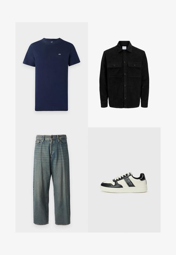 Černá kordurová košile s knoflíky, dvěma předními klopovými kapsami a klasickým límcem, dlouhými rukávy a vroubkovanou texturou.; Námorně modré bavlněné tričko s krátkým rukávem, kulatým výstřihem a malým vyšitým logem na hrudi. Jednoduchý design, nezdobená textura.; Světle modré denimové džíny s volným střihem, středně vysokým pasem a rovnými nohavicemi. Obsahují pět kapes, poutka na opasek a zapínání na knoflík.; Kožené tenisky s černobílou barevnou kombinací, které mají perforované detaily, polstrovaný límec a texturovanou podrážku.