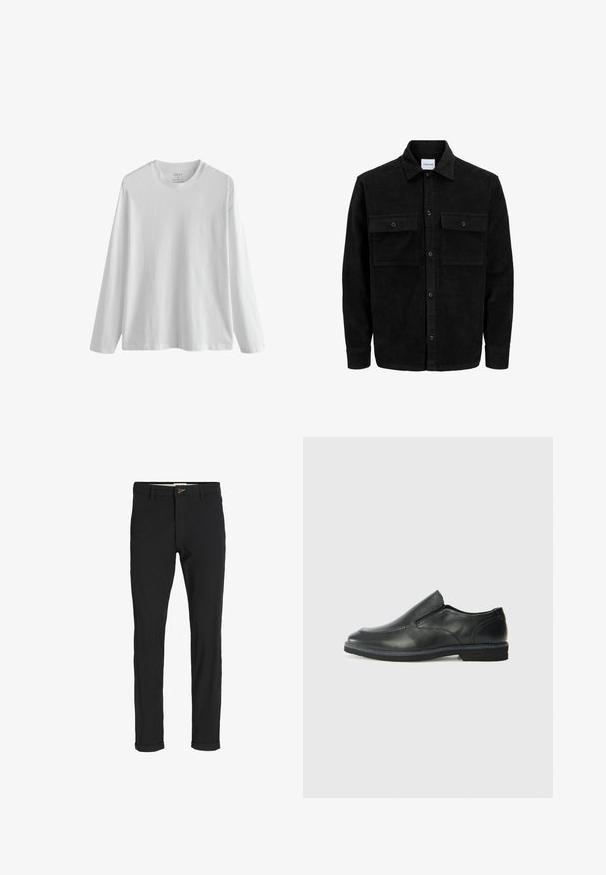 Giacca in corduroy nera con bottoni, due tasche anteriori con patta, colletto classico, maniche lunghe e texture a coste.; T-shirt bianco a maniche lunghe in cotone con scollatura rotonda e taglio comodo. Texture liscia, senza pattern né dettagli. Etichetta visibile all'interno del colletto.; Pantaloni neri in cotone misto con vestibilità slim, dotati di chiusura con bottone, tasche e orli arrotolati per un look informale.; Scarpa nera in pelle con inserto scivolare, superiore liscio, dettagli cuciti, punta arrotondata e tacco in gomma basso. La suola presenta un battistrada minimale.