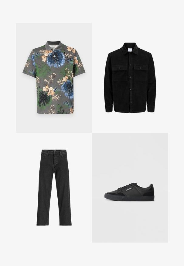 Zwarte corduroy knopenjack met twee voorste klepzakken en een klassieke kraag, lange mouwen en ribbelstructuur.; Korte mouwen poloshirt in grijs met levendige bloemen- en bladerenpatronen in blauw, groen en beige. Beschikt over een contrasterende kraag en knopenlijst.; Zwarte spijkerbroek met een recht model, voorzien van een rits, riemlussen en zes zakken, gemaakt van een stevige katoenmix.; Zwarte sneakers met een mix van leren en suède materialen, voorzien van ronde veters, een gestructureerde rubberen zool en een merklLogo aan de zijkant.