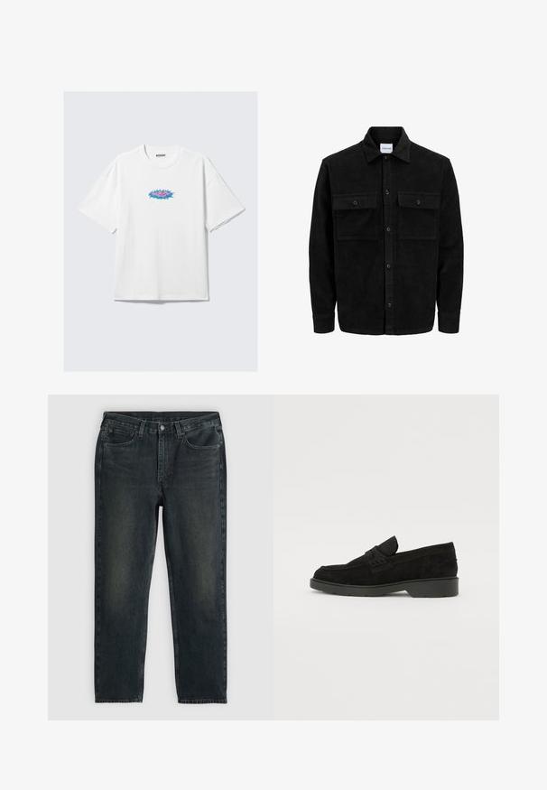 Juodas velveto mygtukų švarkas su dviem priekiniais kišenėmis su atvartais, klasikiniu apykakle, ilgomis rankovėmis ir raukšlėtu paviršiumi.; Balta medvilninė marškinė su dideliu kirpimu, priekyje su spalvinga grafika rožinės ir mėlynos spalvų. Apvalus iškirpimas, trumpomis rankovėmis.; Tamsiai mėlynos džinsinės kelnės su tiesiu kirpimu, turinčios penkias kišenes, užtrauktuką ir kontrastingas siūles. Audinys šiek tiek nublukęs.; Juodos suedes loafers su žemu kulnu, su paprasta juosta viršuje ir tekstūruota apdaila šonuose.