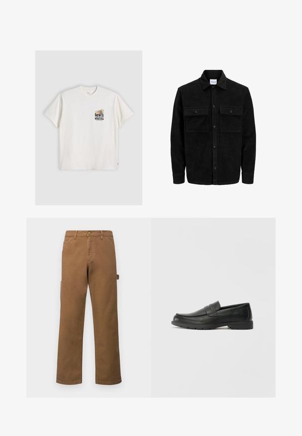 Svart kordfløyels knappjakke med to frontlommer med klaff og klassisk krage, lange ermer og ribbet tekstur.; Kremfarget organisk bomulls t-skjorte med korte ermer, med trykk av frukt på lomma og teksten "levi's ORGANIC SAN FRANCISCO."; Brune bomulls cargobukser med rette ben, med sidelommer og metallknapp-lukking i midjen. Glatt tekstur og uformelt design.; Svart skinnloafers med glatt finish, mokkasin-stil overdel, broderte detaljer og gummisåle. Klassisk design med lav hæl.