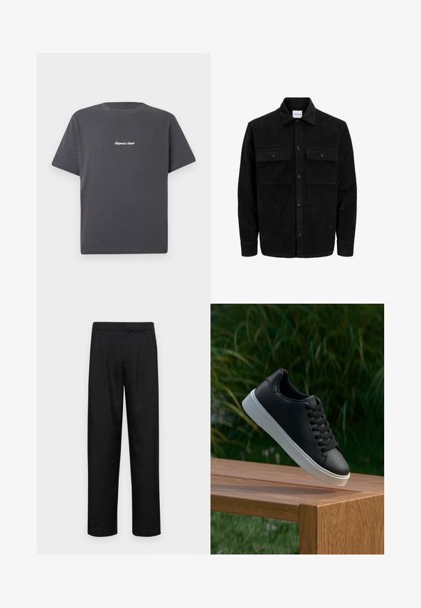 Crni kožni kord jakna na dugmad s dva prednja džepa s preklopom i klasičnim ovratnikom, dugim rukavima i rebrastom teksturom.; Tamno siva pamučna majica kratkih rukava, okruglog izreza, s bijelim vezom "Original Studio" na prsima. Jednostavan dizajn.; Crne hlače od glatkog materijala, s dizajnom ravnih nogavica, dva prednja nabora i standardnim pojasom s petljama za remen.; Crne kožne tenisice s glatkom teksturom, bijelim gumeni potplat i šest rupica za vezice, izložene na drvenoj površini.