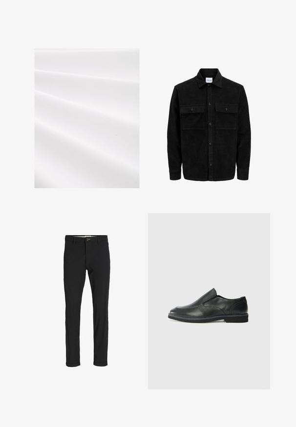 Sort fløjl button-up jakke med to frontlommer og klassisk krave, lange ærmer og ribbet tekstur.; Hvidt stof med en tekstureret, ribbet overflade, der viser bløde folder og en subtil glans. Glat finish uden synlige mønstre eller accenter.; Sorte bomuldsblandede bukser med slim fit, der har en knaplukning, lommer og opbrugte stumper for et afslappet udtryk.; Sorte læder slip-on sko med en glat overdel, syede detaljer, rund tå og en lav gummihæl. Sålen har minimal profil.