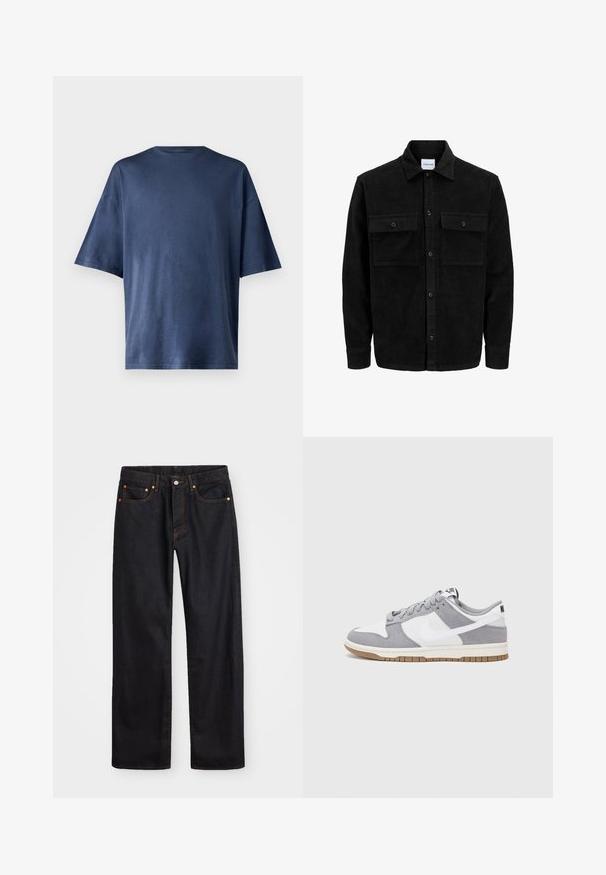Melnas kordūru pogu jaka ar divām priekšējām atloka kabatām un klasisku apkakli, garām piedurknēm un ribotu tekstūru.; Navy zila īsām piedurknēm T-kreklā, izgatavots no mīksta auduma, ar klasisku apaļu kaklu un brīvu piegriezumu, bez redzamām rakstu vai akcentu detaļām.; Vīriešu taisno kāju melnie džinsi ar piecām kabatām un oranžu izšuvumu, ar pogu un zipa aizdari priekšējā jostas daļā.; Pelēki un balti sporta apavi ar zamšādas un ādas virsu, noapaļota purngala, plakaniem šņorēm un gumijas zoli ar gumijas akcentu.