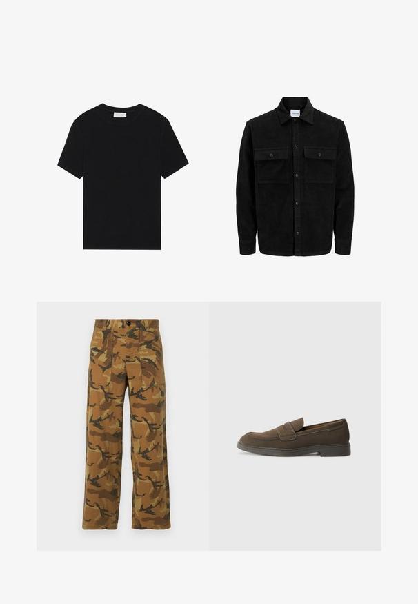 Sort fløjl button-up jakke med to frontlommer og klassisk krave, lange ærmer og ribbet tekstur.; Sort kortærmet T-shirt lavet af ribbet stof, med en rund halsudskæring og en simpel, boksformet silhuet.; Camo-mønstrede cargo bukser i brune og grønne nuancer, lavet af letvægtsstof, med fire lommer og knaplukning.; Brune ruskinds loafers med en rund tå, en rem over forfoden og en flad gummisål. Enkel design med rene linjer og minimal dekoration.