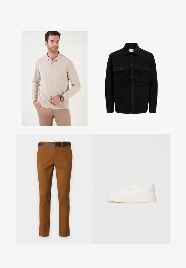 Černá kordurová košile s knoflíky, dvěma předními klopovými kapsami a klasickým límcem, dlouhými rukávy a vroubkovanou texturou.; Béžová polo košile s dlouhým rukávem a ribkovou strukturou, s tříknoflíkovou légou a obepnutým lemem. Nositá s kalhotami světlé barvy a hodinkami.; Hnědé bavlněné kalhoty slim fit, které mají hnědý kožený pásek a jemné detaily v švech. Hladká textura a precizní střih.; Bílé slip-on tenisky s texturovaným povrchem, silnou podešví a minimalistickým designem. Na boku je umístěno logo značky.