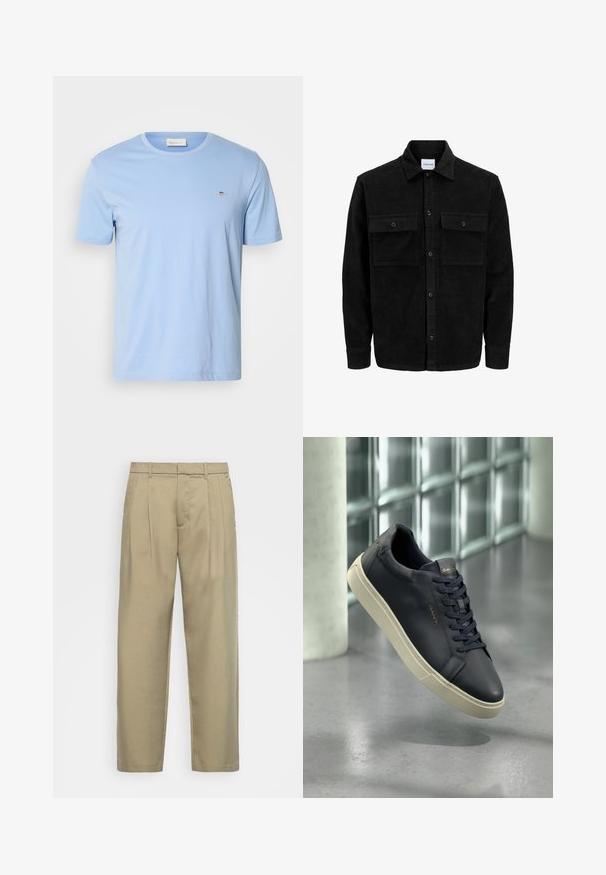 Zwarte corduroy knopenjack met twee voorste klepzakken en een klassieke kraag, lange mouwen en ribbelstructuur.; Lichtblauw t-shirt met korte mouwen van katoen. Heeft een ronde hals en een klein geborduurd logo op de linkerborst. Zachte textuur.; Beige, hoge taille broek met een rechte snit, voorzien van een platte voorkant, zijzakken en een gladde, gestructureerde stof.; Marineblauwe leren sneaker met een ronde neus, platte veters en een gestructureerde zool; heeft een logo op de tong, in contrast met een crèmekleurige loopzool.