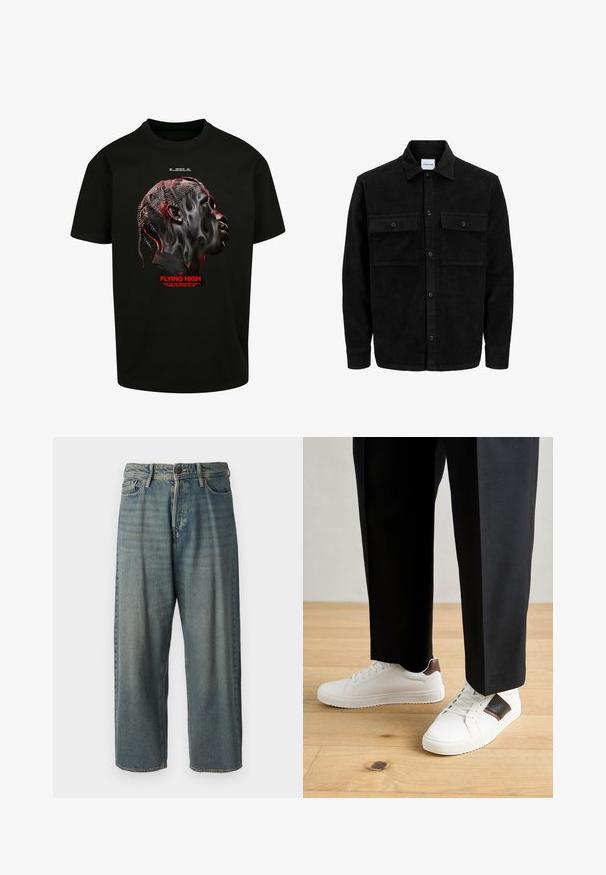 Mustmustöös nupuga jope, millel on kaks eesmist klapiga taskut ja klassikaline kaelus, pikad varrukad ning ribakujuline tekstuur.; Mustam puuvillane T-särk, millel on stiliseeritud näo graafika hallides ja punastes toonides, allpool punase tekstiga "FLYING HIGH".; Heledad sinine denim-stiilis teksad, volüümse lõike, keskmise kõrgusega talje ja sirgete säärega. Omab viit taskut, vöökumme ja nööpide sulgemist.; Valged sneakersid siledat tekstuurist, millel on pruunad nahast detailid ja mustad aksessuaarid, millele on sobitatud mustad kohandatud püksid. Puitpõranda taust.