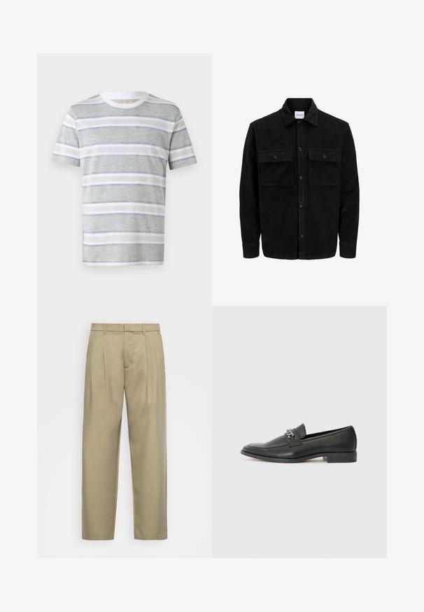 Sort fløjl button-up jakke med to frontlommer og klassisk krave, lange ærmer og ribbet tekstur.; Stribet t-shirt med korte ærmer i lys grå og hvid. Har vandrette striber, rund hals og blød tekstur. Enkel design.; Beige, højtsiddende bukser med lige snit, med flad forkant, sidelommer og et glat, tekstureret stof.; Sorte læder loafers med en glat finish, der har et syet design og et dekorativt metal kædeaccent hen over vamps. Flad hæl.