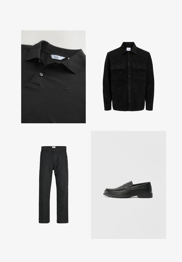 Melnas kordūru pogu jaka ar divām priekšējām atloka kabatām un klasisku apkakli, garām piedurknēm un ribotu tekstūru.; Melns polo krekls, izgatavots no teksturētas auduma, ar apkakli, divām pogām un mazu izšūtu kroņa logo uz krūšu. Regulāra piegrieztne.; Melnas bikses no izturīga auduma, ar taisna griezuma dizainu, izšūtām akcentiem un divām priekšējām kabatām funkcionālitātei.; Melnas ādas loafers ar gludu apdari, mokasīnu stila augšdaļu, šūtu detalizāciju un gumijas zoli. Klasisks dizains ar zemu papēdi.