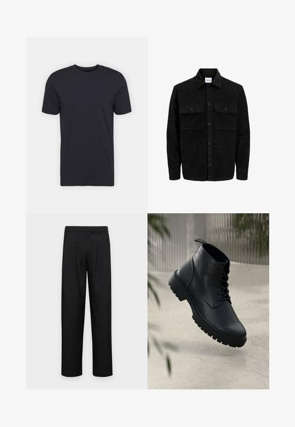 Juodas velveto mygtukų švarkas su dviem priekiniais kišenėmis su atvartais, klasikiniu apykakle, ilgomis rankovėmis ir raukšlėtu paviršiumi.; Juodas medvilninis marškinėliai, trumpomis rankovėmis, apvaliu kaklu, vientisos spalvos, lengvas audinys, lygus paviršius, be matomų raštų ar grafikų.; Juodi kelnių modeliai, pagaminti iš lygios medžiagos, turi tiesią kojas, du priekiniai klostės ir standartinę juosmenį su diržo kilpomis.; Juodi odiniai auliniai batai su apvaliu pirštu, su raišteliais ir tvirtu guminio pado dizainu. Romus paviršius su kilpeliu gale.