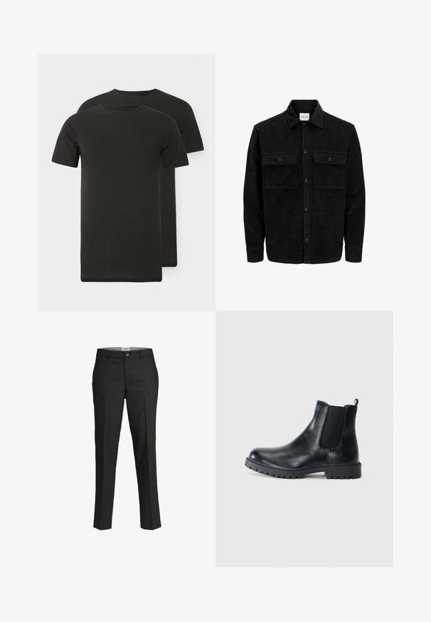 Svart kordfløyels knappjakke med to frontlommer med klaff og klassisk krage, lange ermer og ribbet tekstur.; To svarte t-skjorter med rund hals laget av mykt stoff. Korte ermer, rett nederkant, uten synlige mønstre eller grafikk.; Sorte bukser, skræddersyet pasform, glat stof, mellemhøj talje, knaplukning foran, skrå lommer og pressefold detaljer ned ad benene.; Svart lær Chelsea-støvler har elastiske sidepaneler, rund tå og gummisåle med godt grep. Minimalistisk design med en løftestropp.