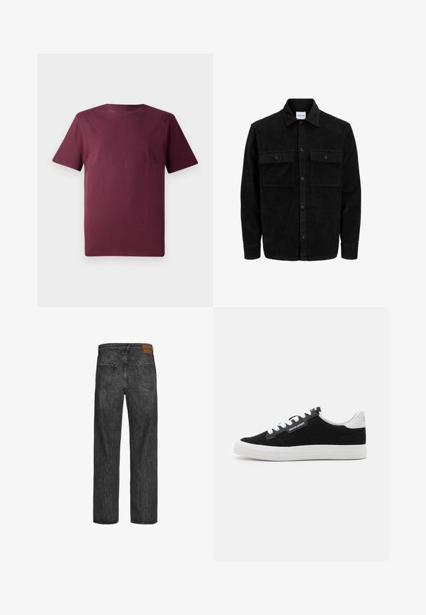 Juodas velveto mygtukų švarkas su dviem priekiniais kišenėmis su atvartais, klasikiniu apykakle, ilgomis rankovėmis ir raukšlėtu paviršiumi.; Bordo trumpas rankovės marškinėliai, pagaminti iš lygaus medvilnės audinio, pasižymi klasikinio apvalaus kaklo iškirpte ir laisvu siluetu, be matomų raštų ar akcentų.; Juodi džinsai su tiesaus kirpimo dizainu, penkių kišenių stiliumi ir ruda odine etikete ties liemeniu. Tekstūruotas audinys su siuvimo detalėmis.; Jack & Jones JFWMORDEN COMBO - Sportbačiai - anthracite