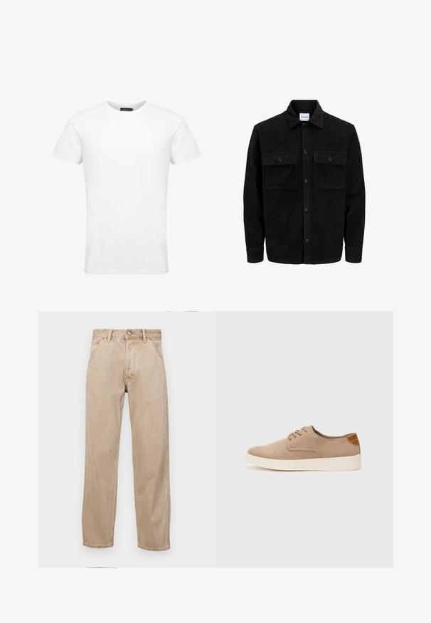 Čierna kordúrová bunda s gombíkmi, dvoma prednými vreckami so záklopkou a klasickým golierom, dlhými rukávmi a ryhovanou textúrou.; Biele tričko s krátkym rukávom a okrúhlym výstrihom. Vyrobené z bavlny, s hladkou textúrou a jednoduchým, klasickým dizajnom.; Bežové denimové rifle so strihom rovného nohu, s prednými vreckami, kovovým zapínaním na gombík a jemnou textúrou.; Béžové semišové tenisky s okrúhlou špičkou, šnurovaním vpredu a textúrovaným zadným akcentom. Biela gumová podrážka poskytuje kontrast. Jednoduchý a moderný dizajn.