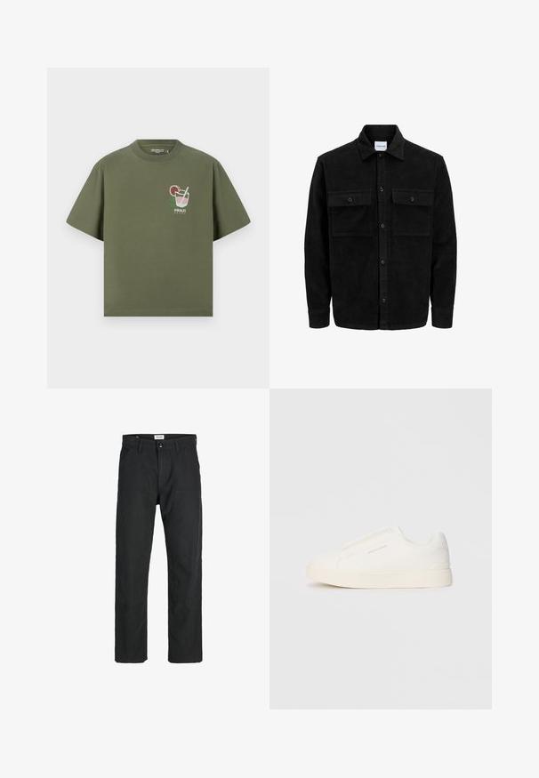 Zwarte corduroy knopenjack met twee voorste klepzakken en een klassieke kraag, lange mouwen en ribbelstructuur.; Olijfgroen katoenen t-shirt met korte mouwen, met een geprint ontwerp van een cocktailglas en de tekst "AMALFI COAST" in het wit eronder.; Zwarte broeken gemaakt van duurzame stof, met een recht gesneden ontwerp, gestikte accenten en twee voorzakken voor functionaliteit.; Witte instap sneakers met een gestructureerd oppervlak, een dikke zool en een minimalistisch ontwerp. Bevat het merklogo aan de zijkant.