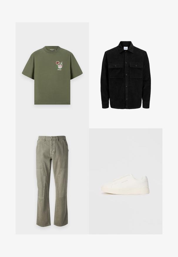 Chaqueta de pana negra con botones, dos bolsillos delanteros con solapa y un cuello clásico, mangas largas y textura acanalada.; Camiseta de algodón verde oliva con mangas cortas, que presenta un diseño de vaso de cóctel impreso y el texto "AMALFI COAST" en blanco debajo.; Pantalones verde oliva de algodón con un diseño de pierna recta, que cuentan con acentos acanalados en los bolsillos tipo parche y costuras en contraste.; Zapatillas blancas tipo slip-on con una superficie texturizada, suela gruesa y diseño minimalista. Presenta el logo de la marca en un lado.