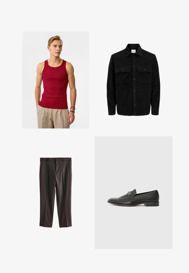 Zwarte corduroy knopenjack met twee voorste klepzakken en een klassieke kraag, lange mouwen en ribbelstructuur.; Rode geribbelde tanktop met een ronde halslijn, een slim fit ontwerp en een gladde textuur, gecombineerd met beige broeken.; Donkerbruine dresspants met een platte voorkant, twee zijzakken, een getailleerde pasvorm en een gladde stoftextuur. Standaard tailleband met riemlussen.; Zwarte leren instapper met een gladde afwerking, voorzien van een gestikt ontwerp en een decoratieve metalen kettingaccent over de wreef. Platte hak.